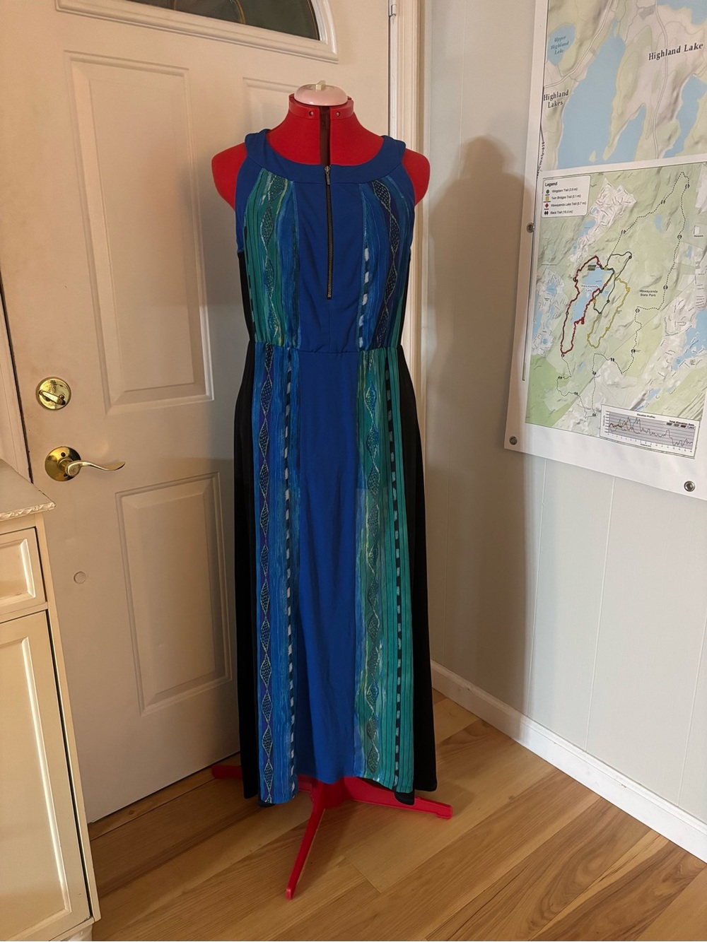 Long Elegant Legs Blue and Teal Panelled Sleeveless Maxi Dress